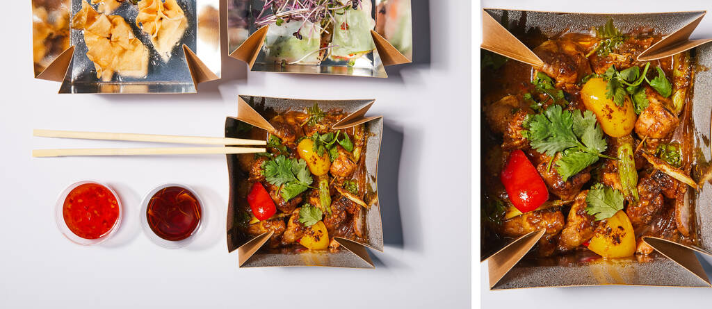 collage de sauces et baguettes près des boîtes à emporter avec de la nourriture chinoise préparée sur blanc
  - Photo, image