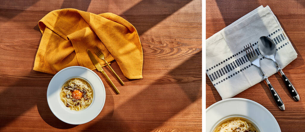 κολάζ από νόστιμα ζυμαρικά καρμπονάρα σερβίρεται με μαχαιροπίρουνα και χαρτοπετσέτα στο ξύλινο τραπέζι στο φως του ήλιου - Φωτογραφία, εικόνα