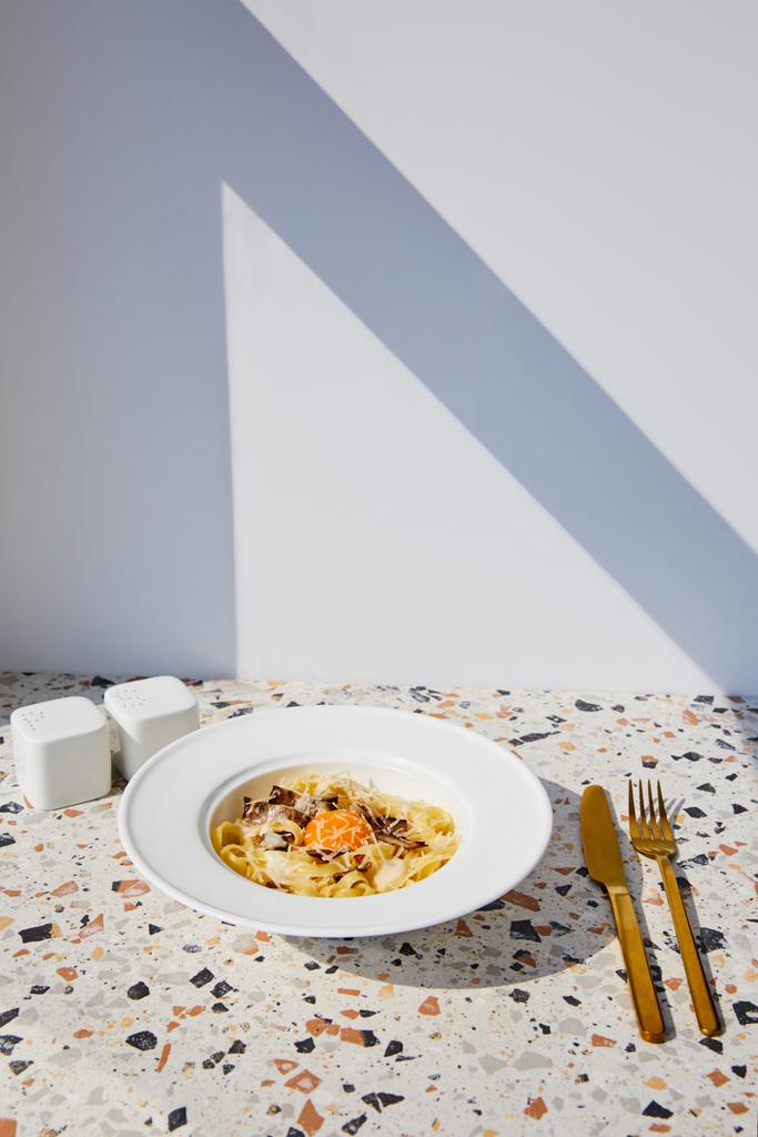 delicious pasta carbonara served with golden cutlery, salt and pepper shakers on stone table in sunlight - Photo, Image