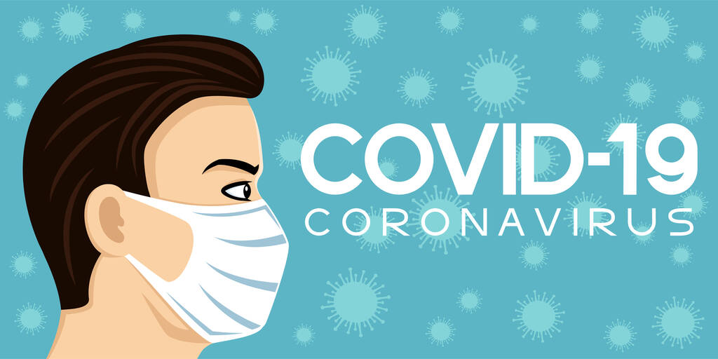 Banner azul con un hombre con una máscara médica protectora y coronavirus
. - Vector, imagen