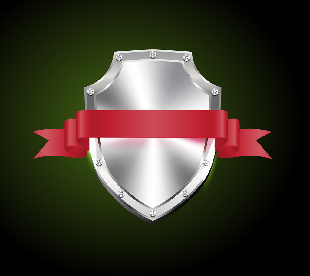 Векторний матовий срібний сталевий блискучий щит з червоною стрічкою
 - Вектор, зображення