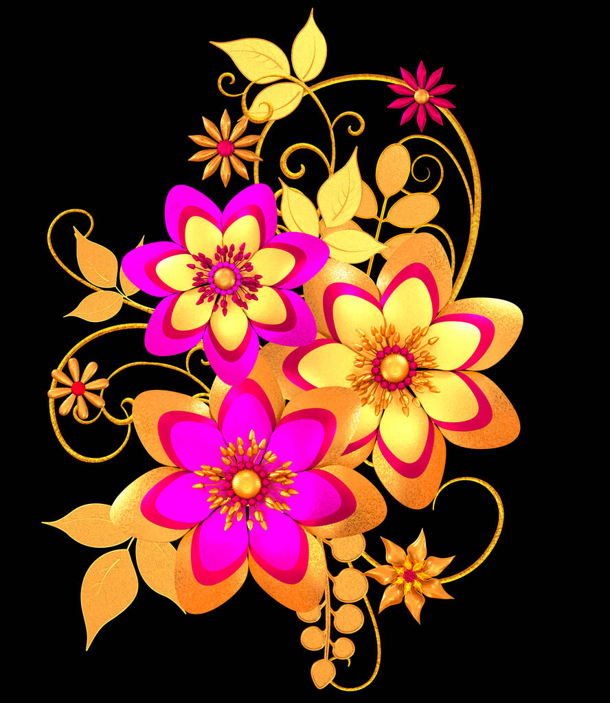 Çiçek aranjmanı, stilize edilmiş altın yapraklar ve çiçekler, parlak böğürtlenler, hassas bukleler, geometrik şekiller, desenli elementler, beyaz bir arka planda izole edilmiş. 3d oluşturma - Fotoğraf, Görsel
