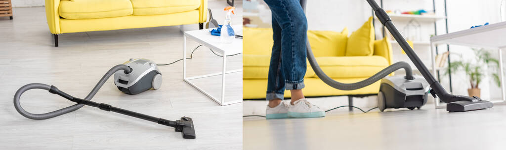 Collage of woman cleaning up with vacuum cleaner in living room, panoramic shot - Photo, Image