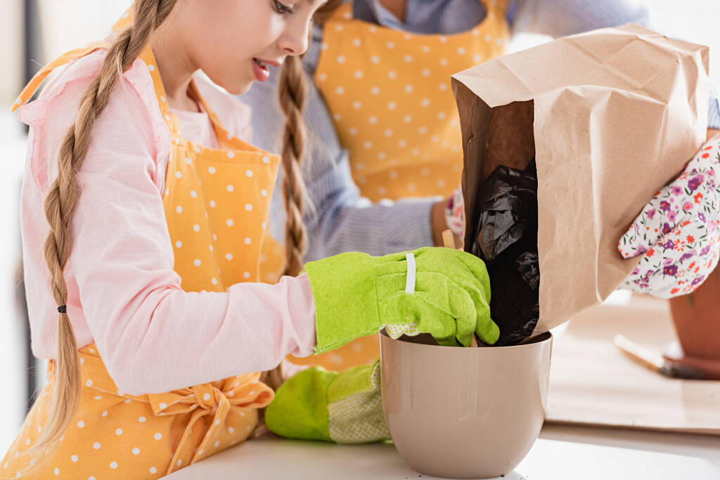 Vista cortada da mulher colocando chão para vaso com criança concentrada com pá perto da mesa na cozinha
 - Foto, Imagem