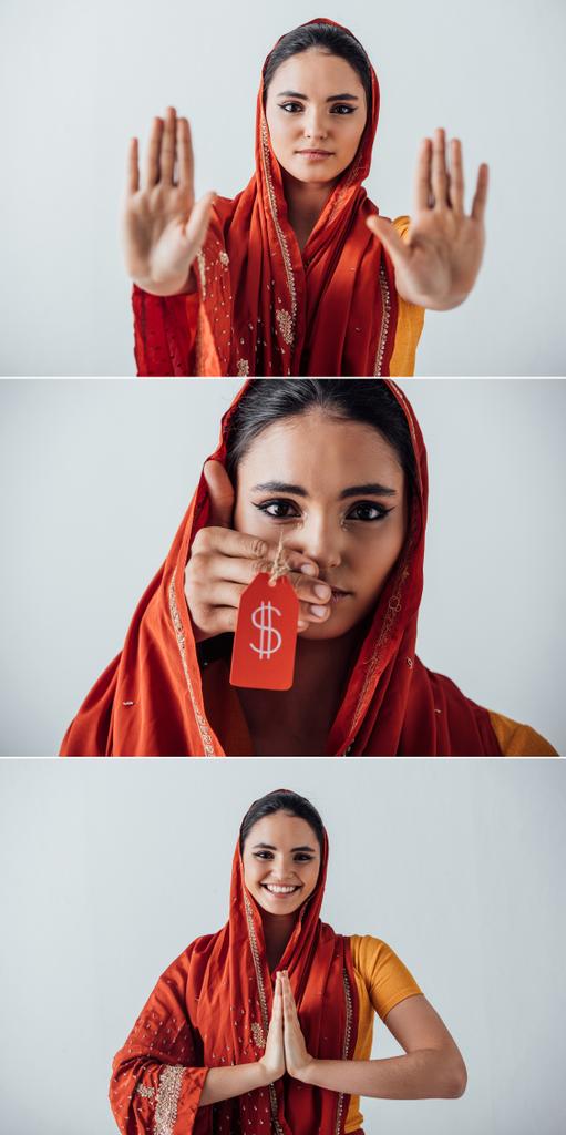 Gülen Hintli kadın kolajı, dur hareketi gösteren ve gri renkte yalıtılmış yüzün yanındaki fiyat etiketini tutan erkek eli. - Fotoğraf, Görsel