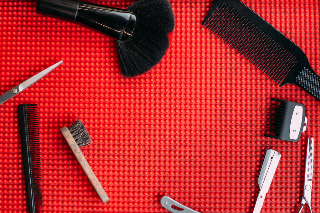 Herramientas para cortar barba barbería vista superior. espacio de copia
 - Foto, Imagen