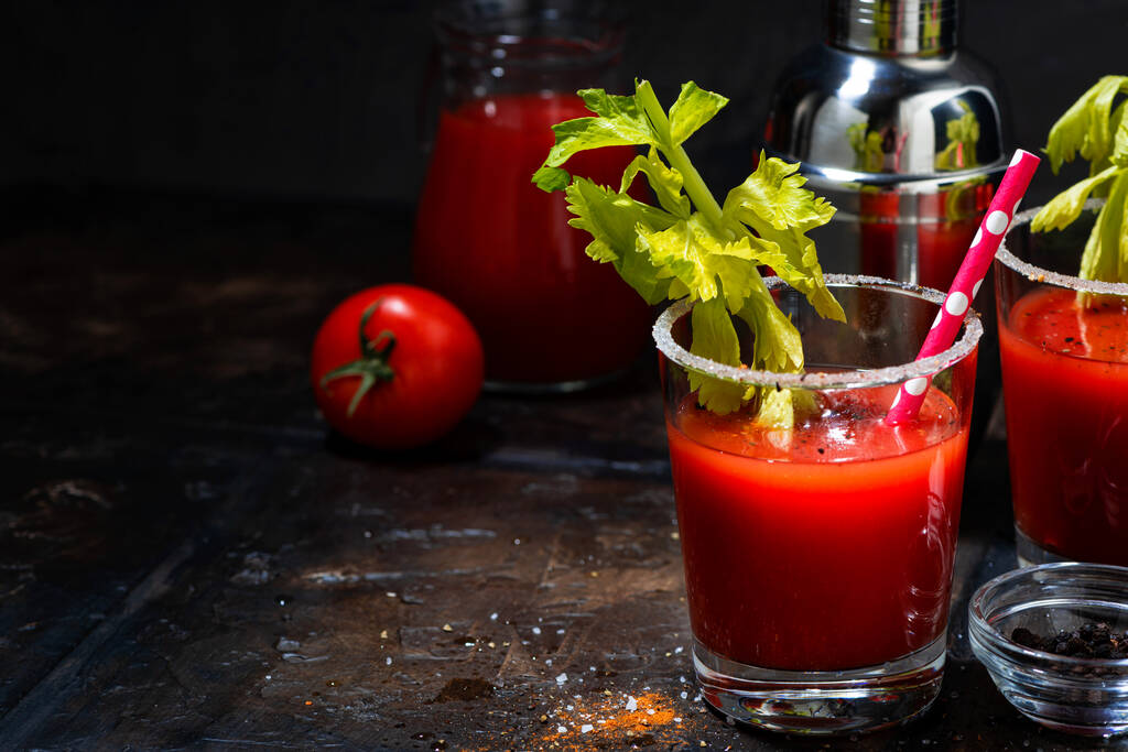 alcoholic cocktail bloody mary on dark background, closeup - Photo, Image