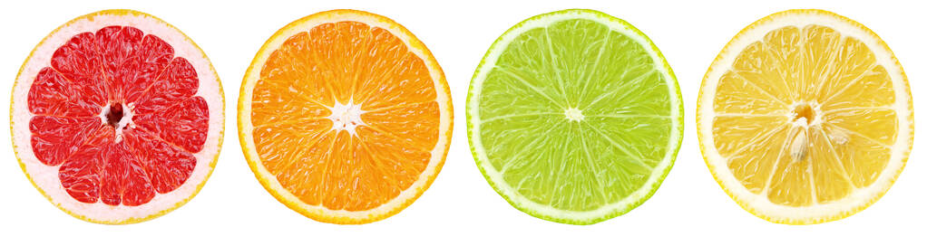 Conjunto de coloridas rodajas de cítricos diferentes. Mitad de toronja, naranja, lima y limón en hilera aislados sobre fondo blanco con camino de recorte
. - Foto, Imagen