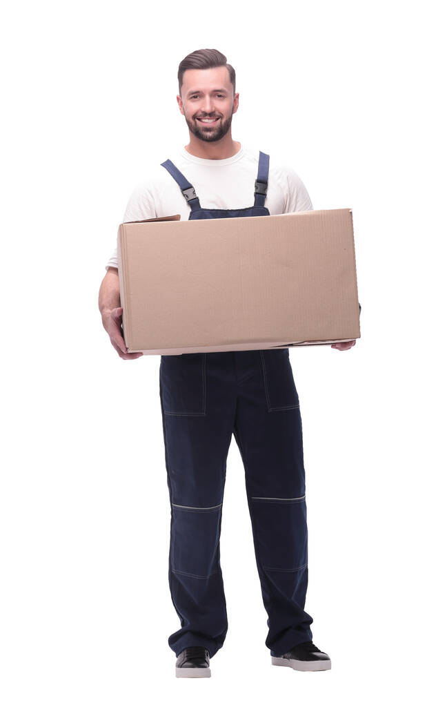 людина в робочому одязі з картонною коробкою ізольована на білому тлі
 - Фото, зображення