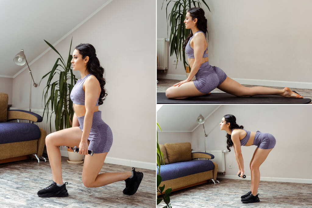 collage met sportief meisje oefenen yoga op mat en het doen van lunges met halters thuis - Foto, afbeelding