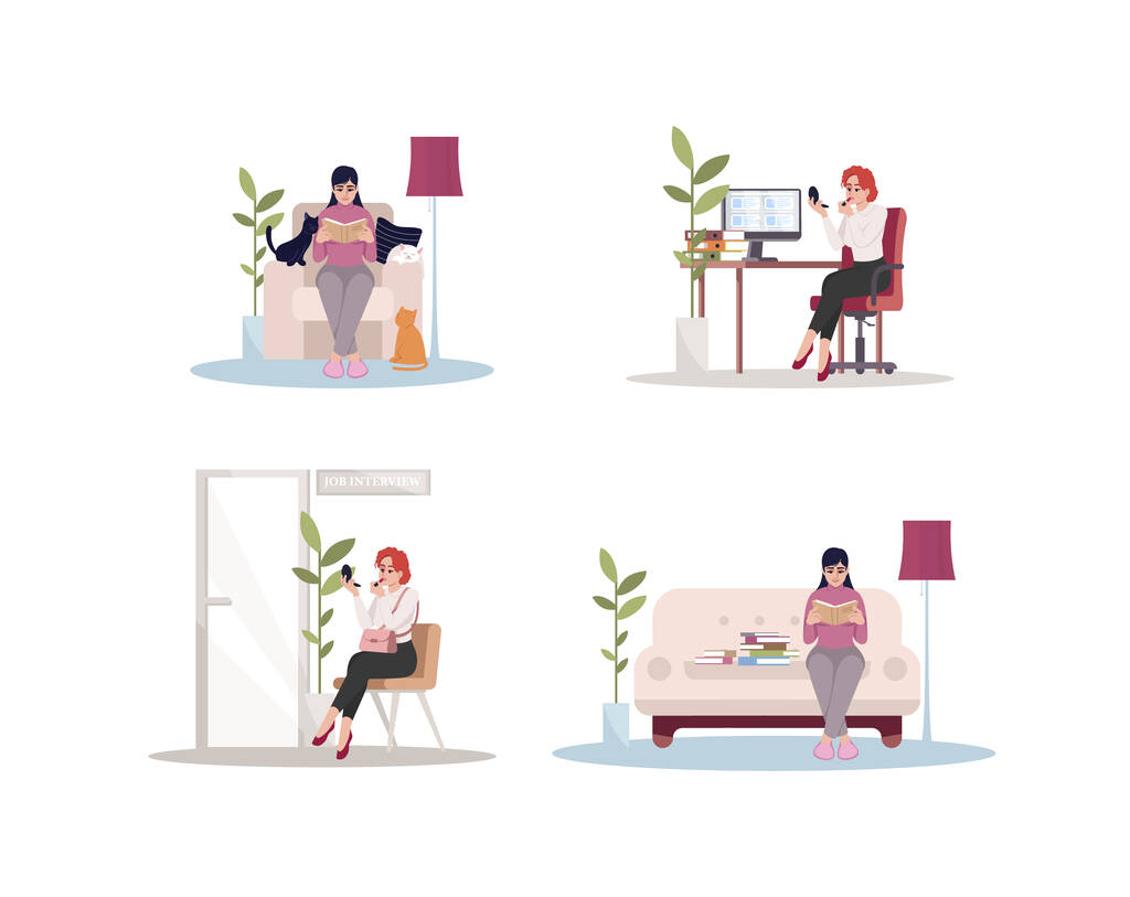 Nő kaukázusi otthon és a munka félig lapos RGB színes vektor illusztráció készlet. A nő lazítson a kanapén. Az üzletasszony várja az állásinterjút. Fehér nő elszigetelt rajzfilm karakter fehér háttér - Vektor, kép