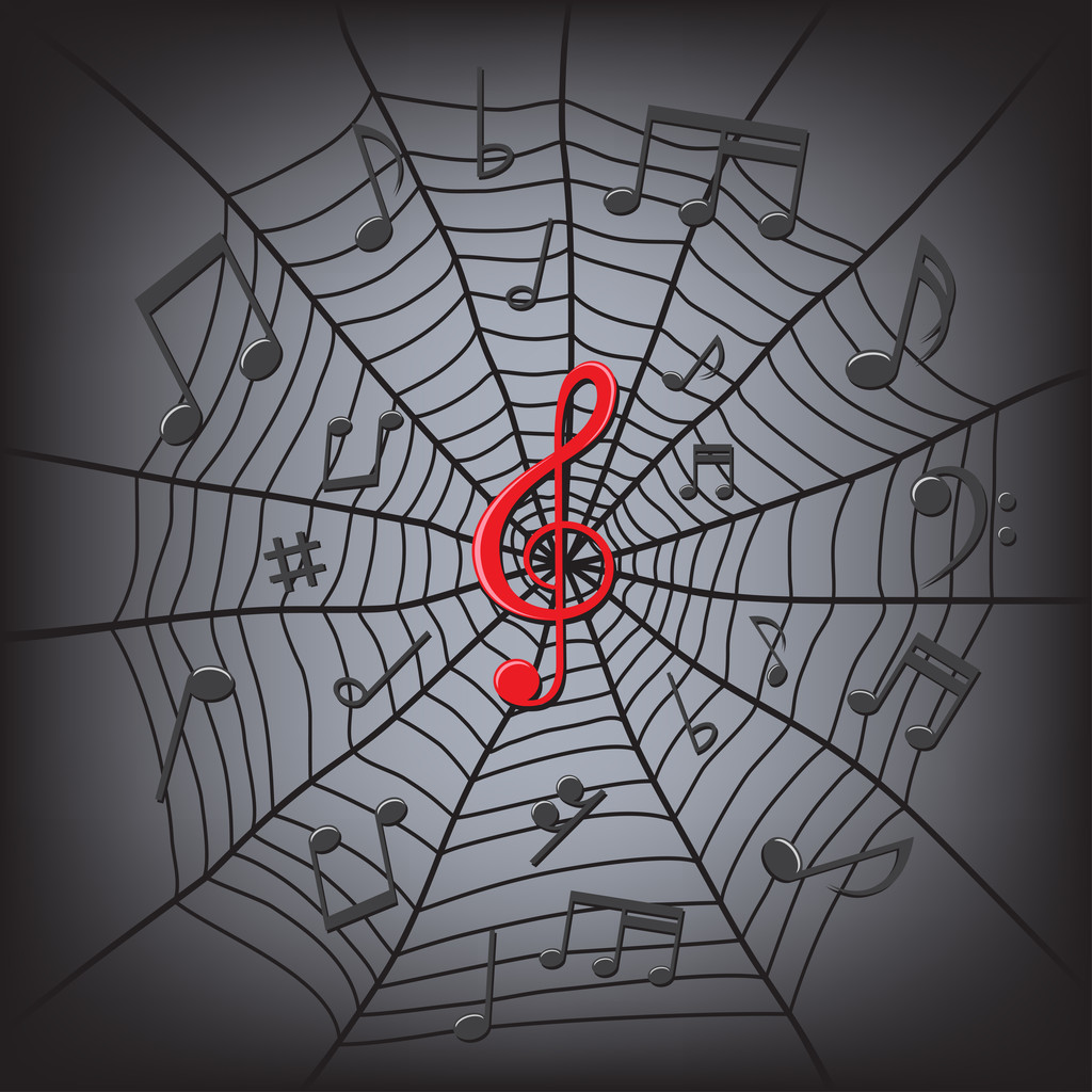 Music notes in the spider web - Wektor, obraz
