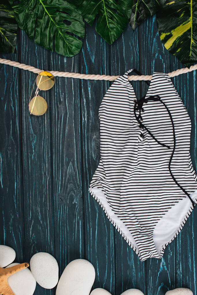 Top view of striped swimsuit near sunglasses, leaves and sea stones on dark wooden background - Photo, Image
