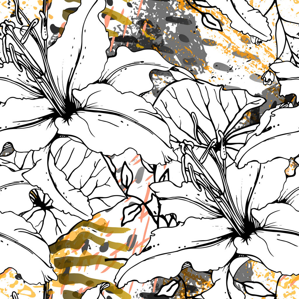 Floral Preto Branco Padrão. Aquarela moderna - Vetor, Imagem