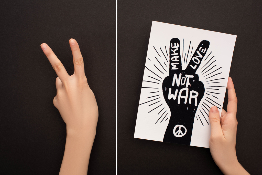 collage de femme montrant signe de paix et tenant du papier blanc avec dessin à la main et faire l'amour pas lettrage de guerre sur fond noir
 - Photo, image
