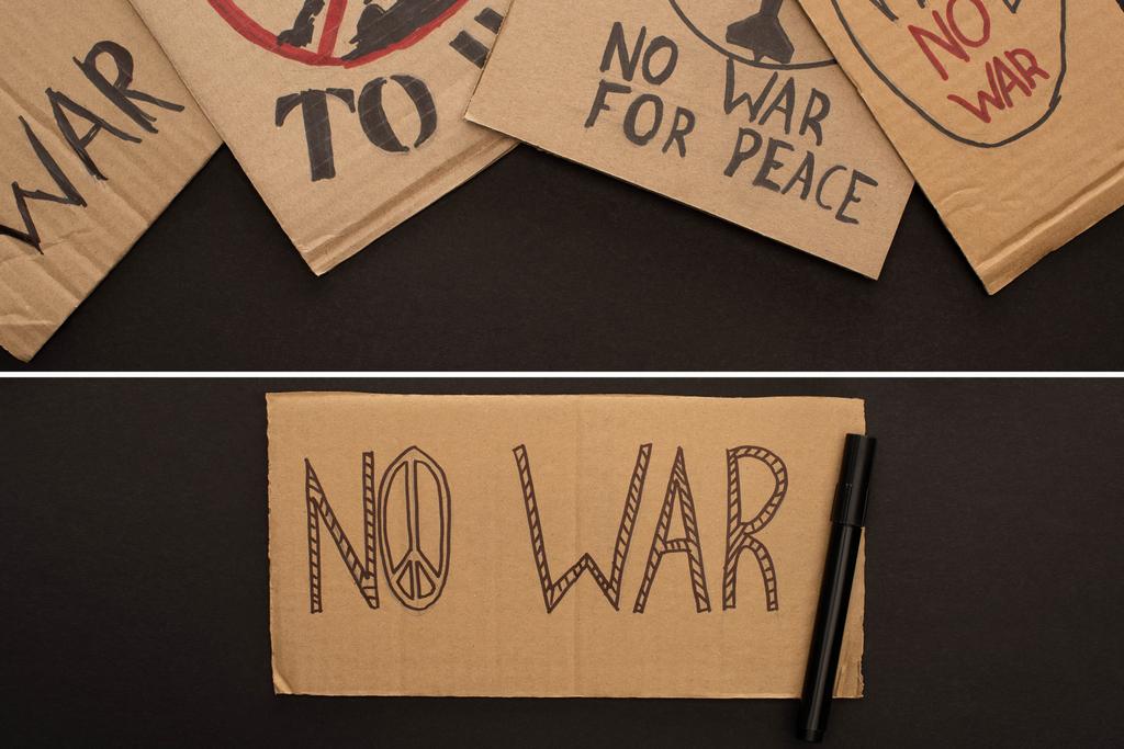 colagem de cartazes de papelão sem letras de guerra perto marcador no fundo preto
 - Foto, Imagem