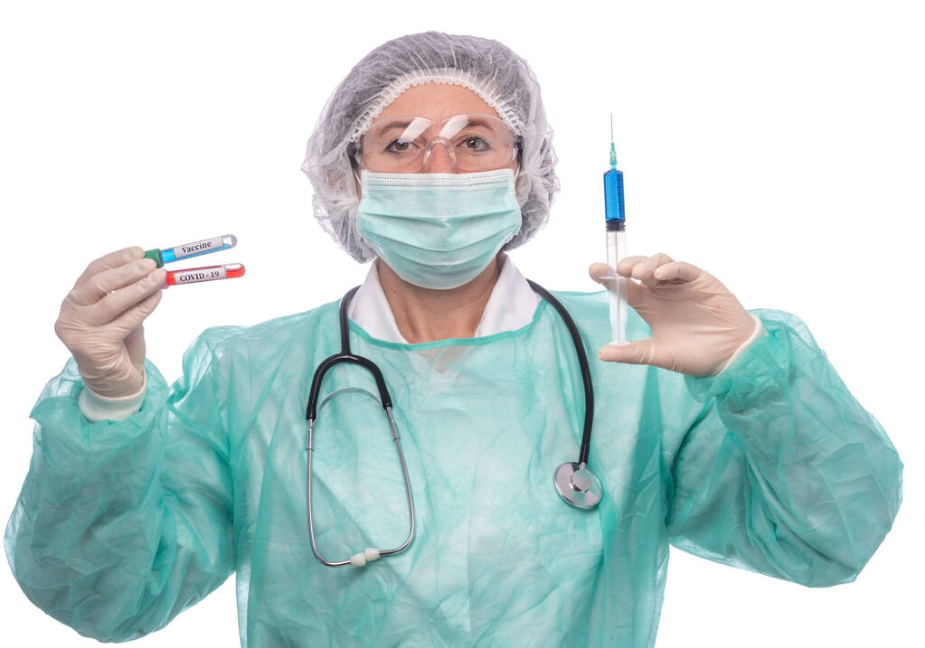 Γιατρός νοσηλευτής σε νοσοκομειακή εργαστηριακή κλινική που εμφανίζει δοκιμαστικούς σωλήνες με εμβόλια για τον κορωναϊό και την αλλεργία - Φωτογραφία, εικόνα
