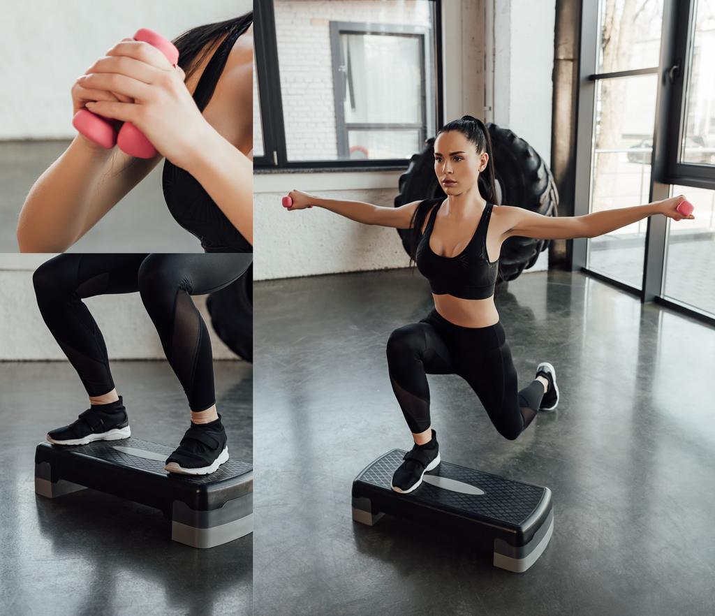 Collage einer Sportlerin mit Hanteltraining auf Trittplattform im Fitnessstudio - Foto, Bild