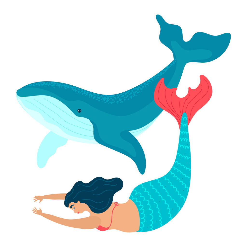 Carino cartone animato principessa sirena viaggia ot gioca con una balena il mondo sottomarino isolato su vettore bianco, illustrazione
. - Vettoriali, immagini