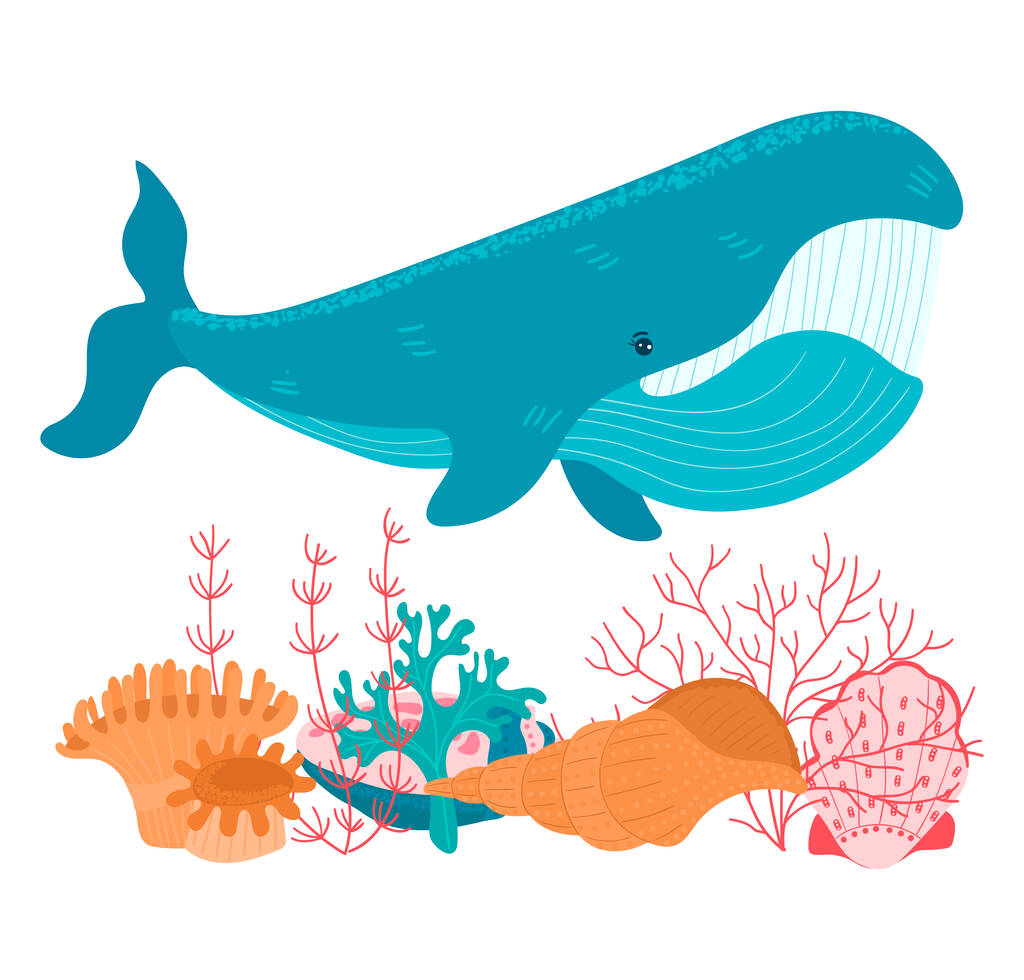 白、ベクトル、イラストに隔離された海の底に漫画の大きな青い鯨と海洋の小さな貝殻と藻類 - ベクター画像
