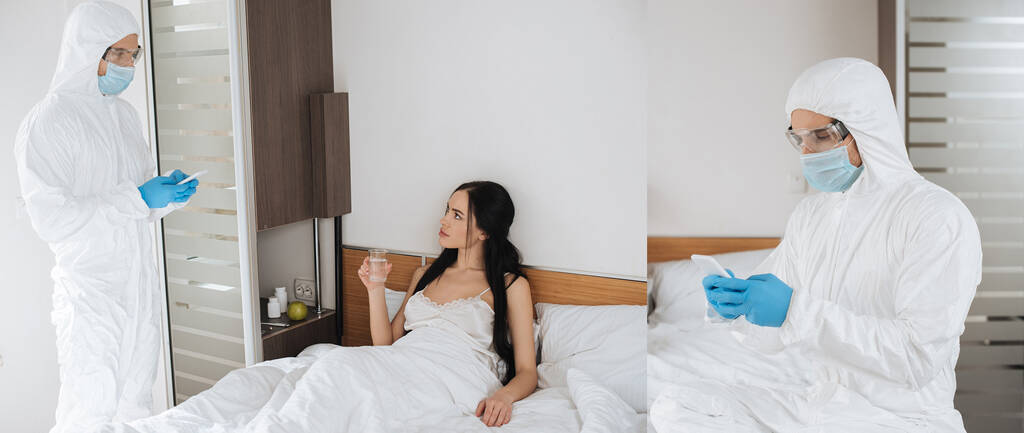 Hasta bir kadınla yatak odasında akıllı telefon kullanarak koruyucu kıyafetli doktorla kolaj yapmak, web sitesi başlığı - Fotoğraf, Görsel