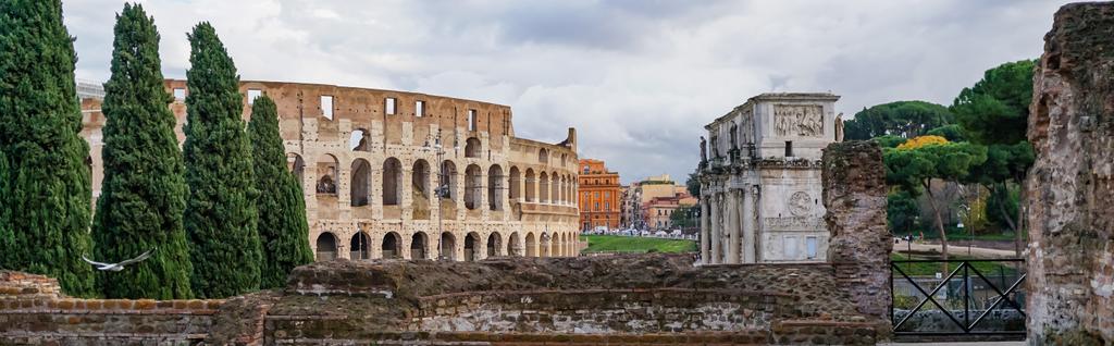 panoramiczne uprawy starożytnego Koloseum w pobliżu historycznych budynków  - Zdjęcie, obraz