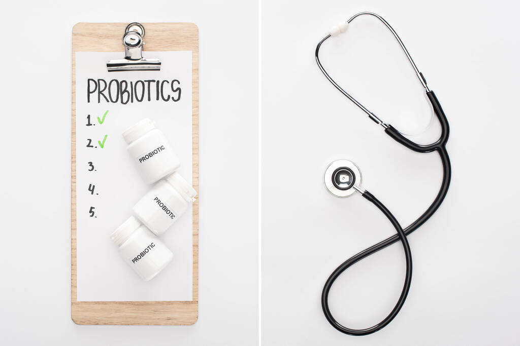 Collage aus Klemmbrett mit Probiotika leere Liste mit Pillen und Stethoskop auf weißem Hintergrund - Foto, Bild