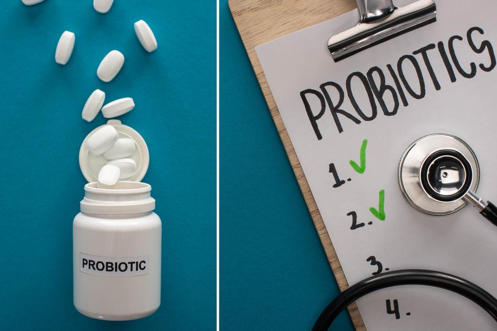 Probiyotik boş listeli pano kolajı steteskoplu ve mavi arka planda haplı konteynır - Fotoğraf, Görsel