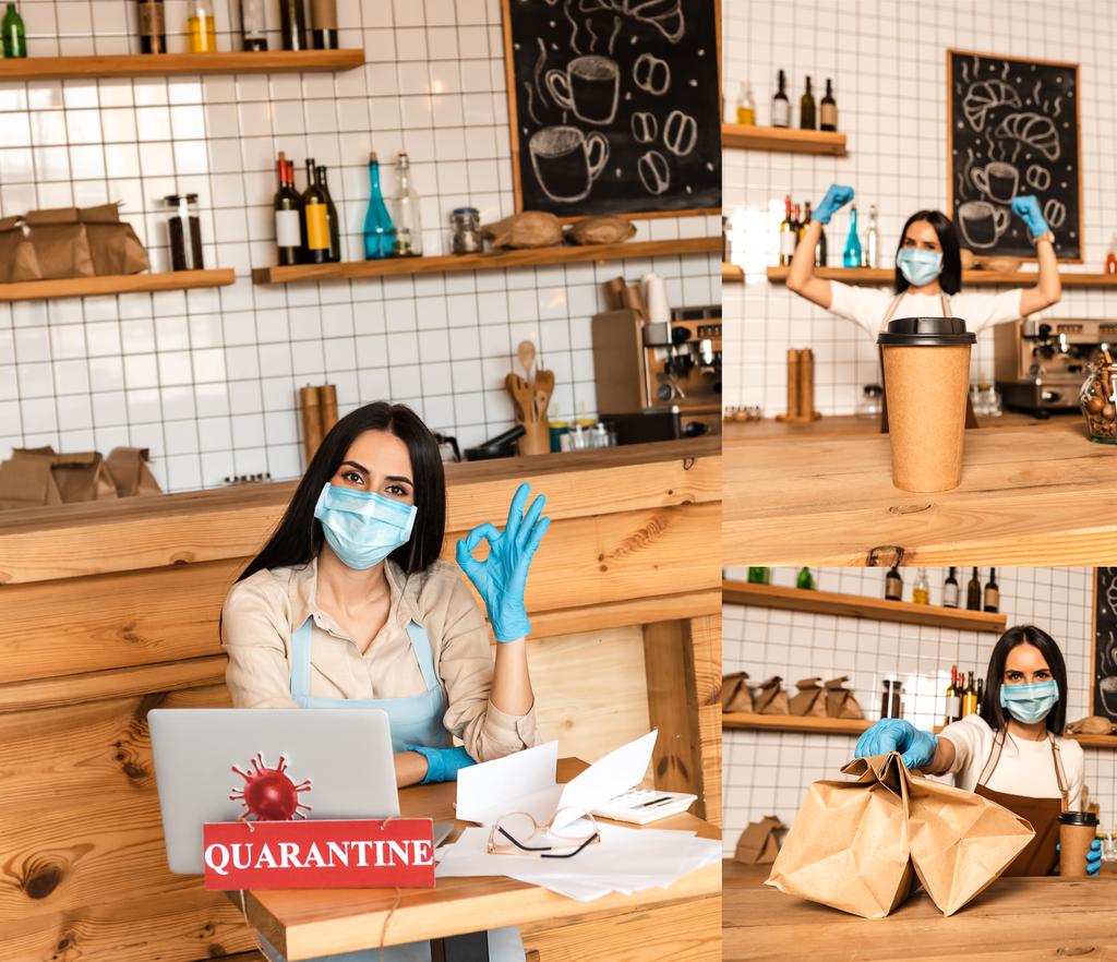 Коллаж владельца кафе с табличкой в порядке, бумажные пакеты возле столов с одноразовой чашкой кофе, бумагой, ноутбуком и карточкой с карантинной надписью
 - Фото, изображение