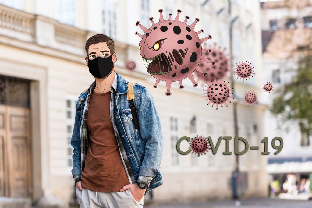 hombre en máscara médica con la cara ilustrada y las manos en bolsillos en la calle, la ilustración de bacterias enojadas
 - Foto, imagen
