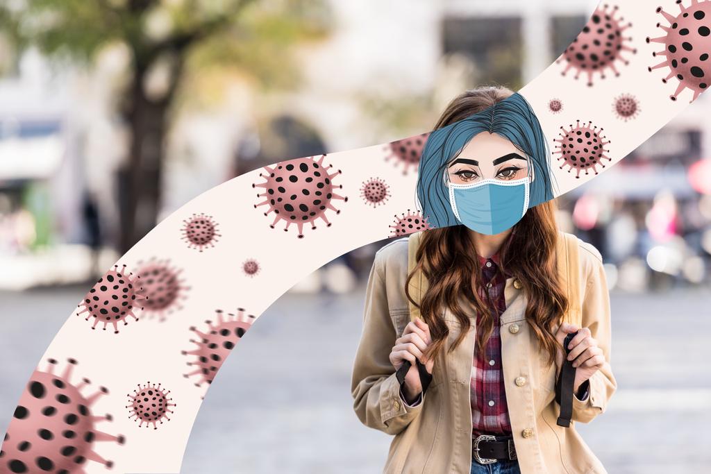 girl with illustrated face in mask and backpack in city with bacteria illustration - Photo, Image