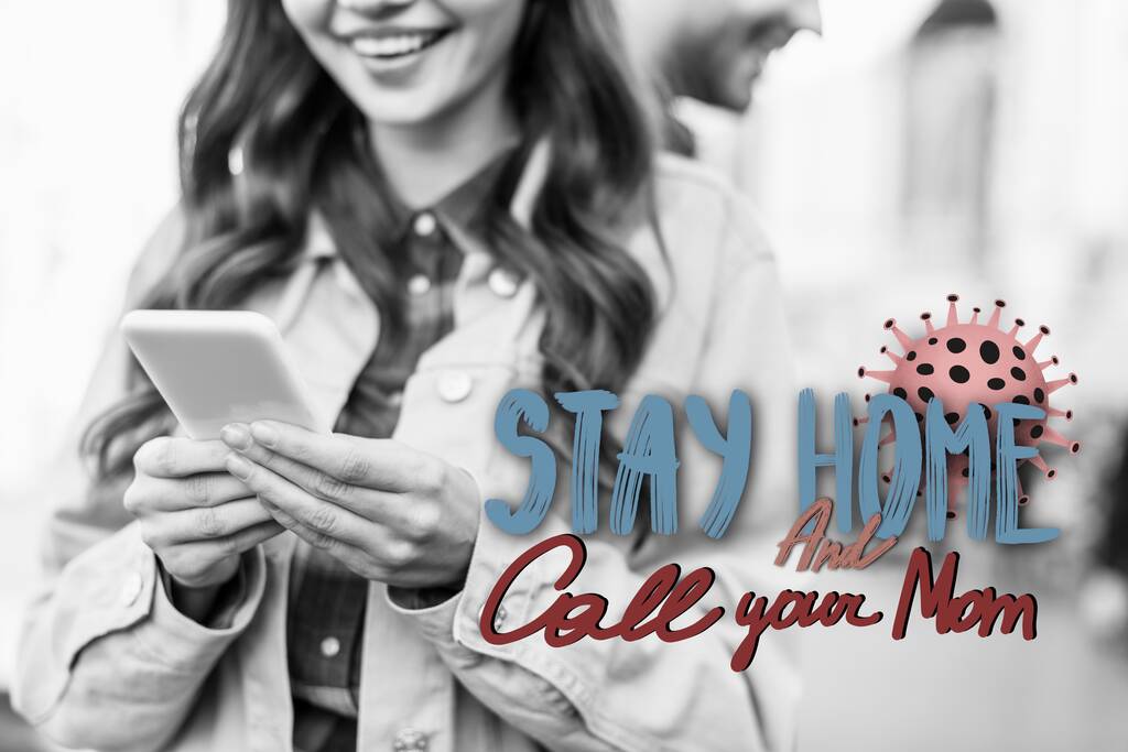 Cropped view of woman smiling and chatting on smartphone, stay home and call your mom illustration, black and white image - Photo, Image