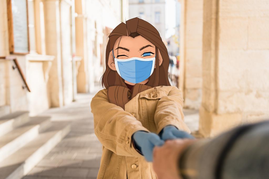 selective focus of girl with illustrated face in medical mask holding hand of man in city - Photo, Image