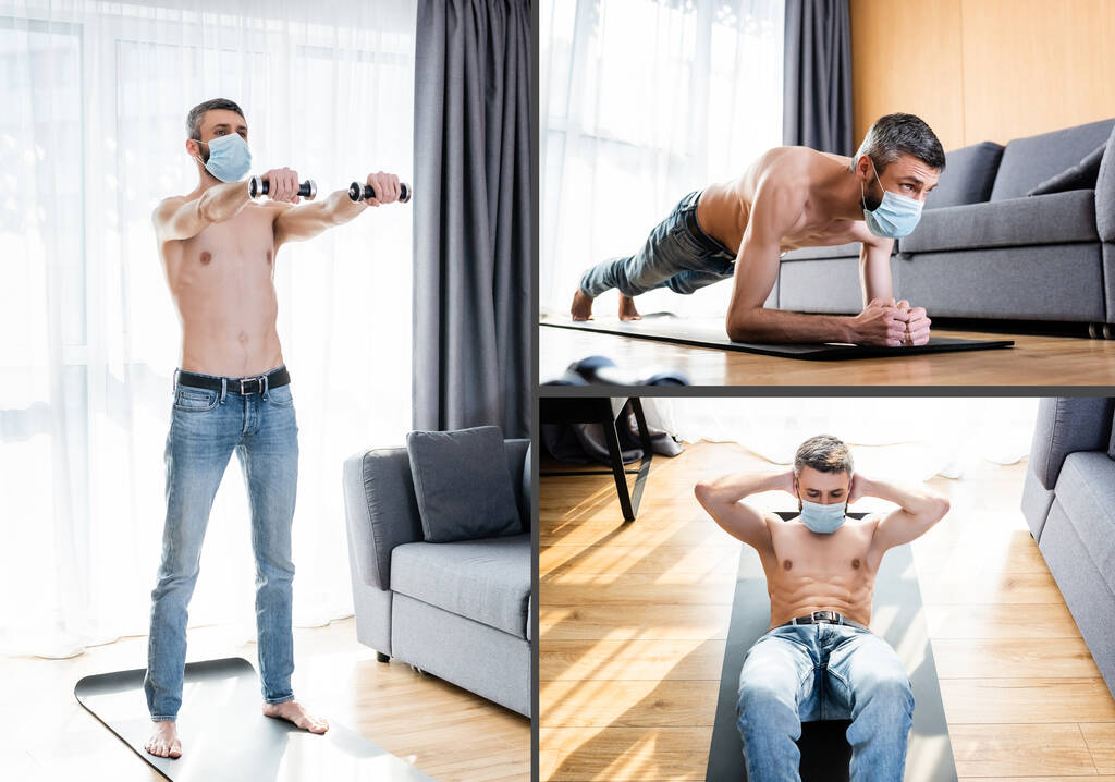 Koláž muže bez trička v lékařské masce, jak doma cvičí s činkami - Fotografie, Obrázek