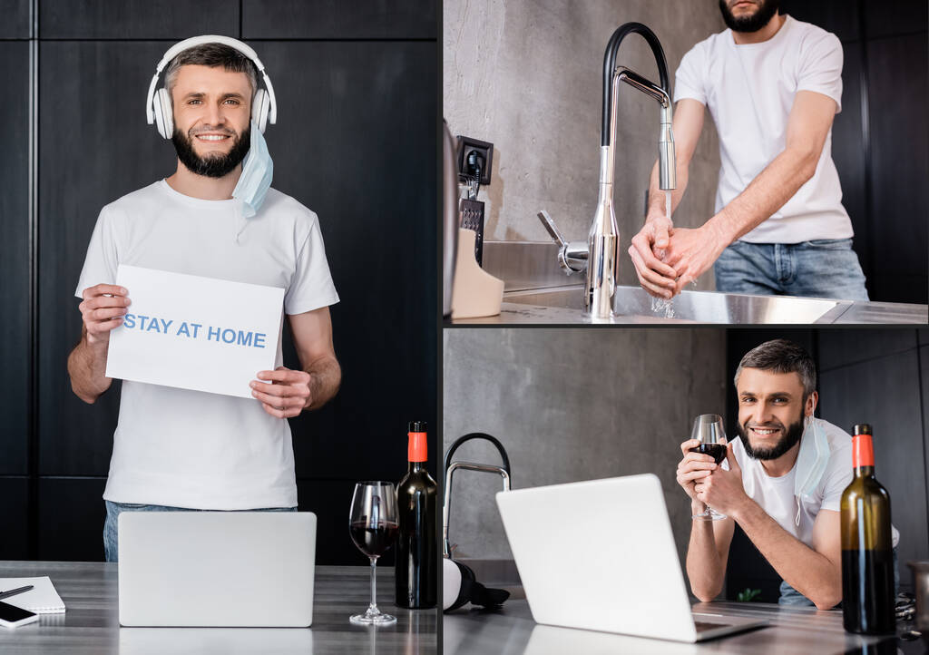 Collage of smiling man holding card with stay at home lettering near laptop, drinking wine and washing hands in kitchen  - Photo, Image