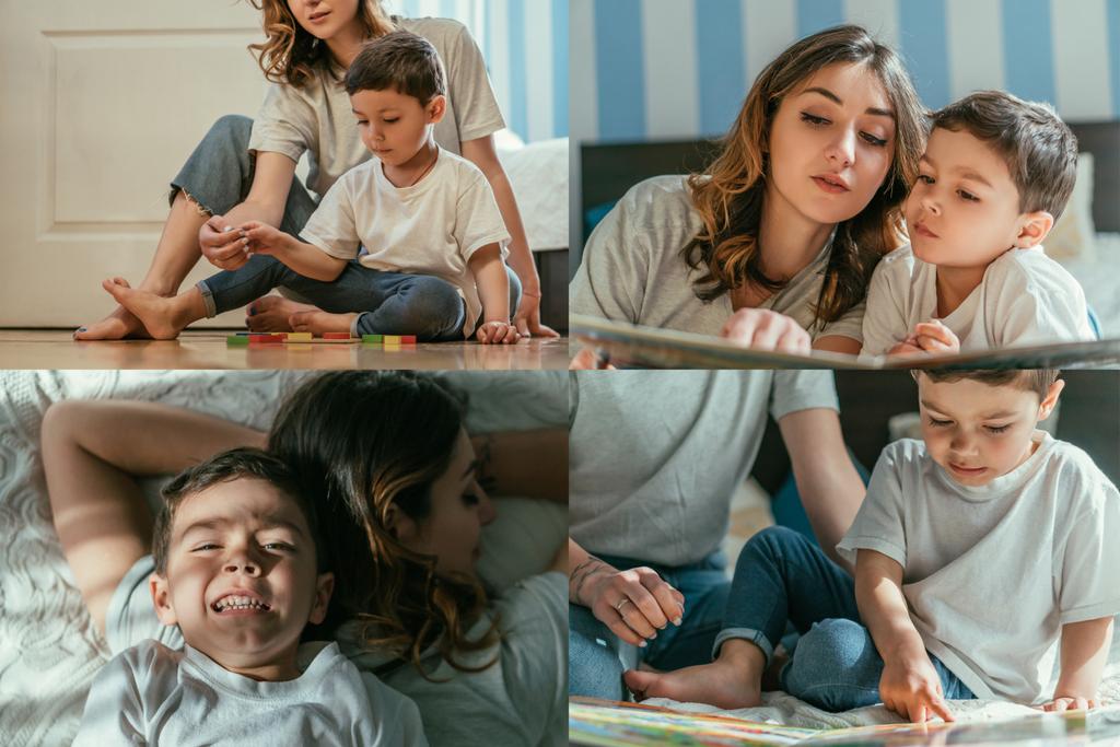 collage di madre e figlio bambino sdraiato sul letto, giocando con i giocattoli e leggendo libro a casa
  - Foto, immagini