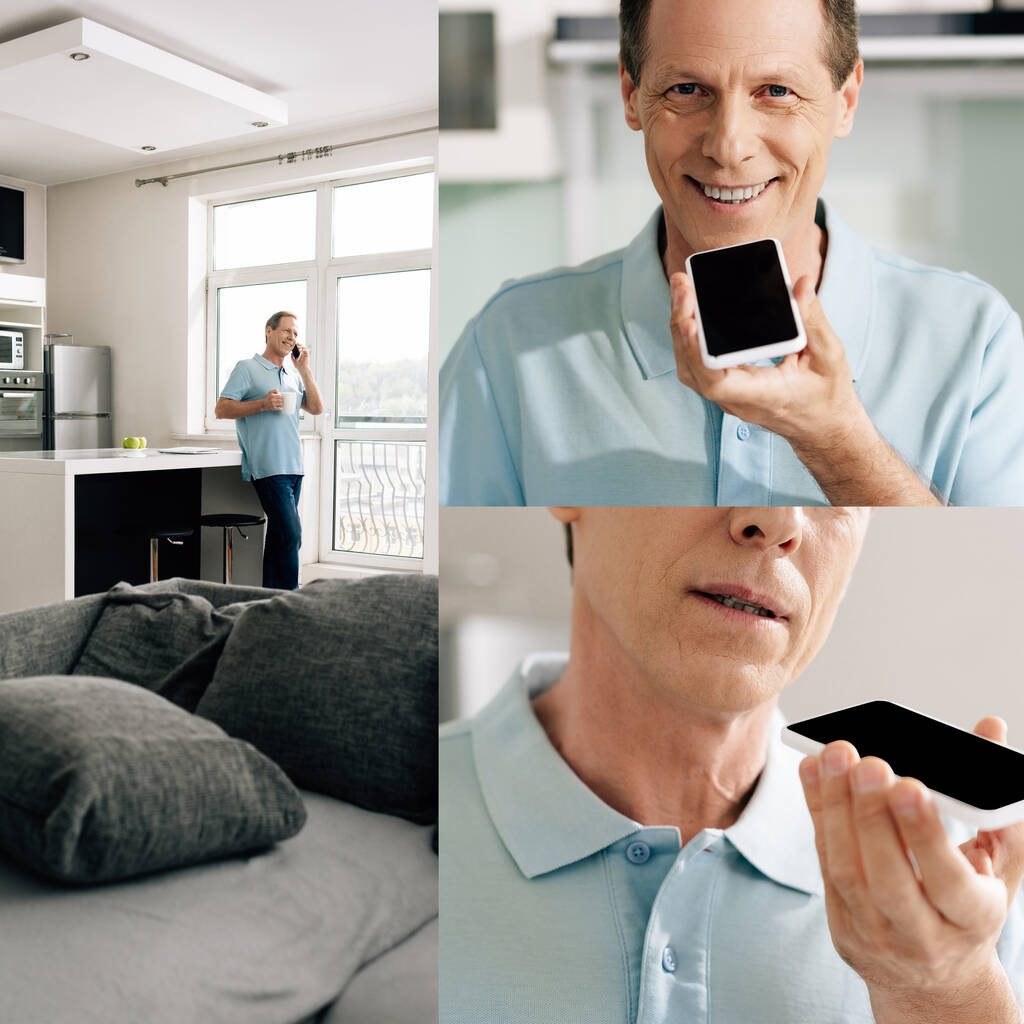 Collage von Mann lächelt und Sprachnachricht auf Smartphone aufzeichnet  - Foto, Bild