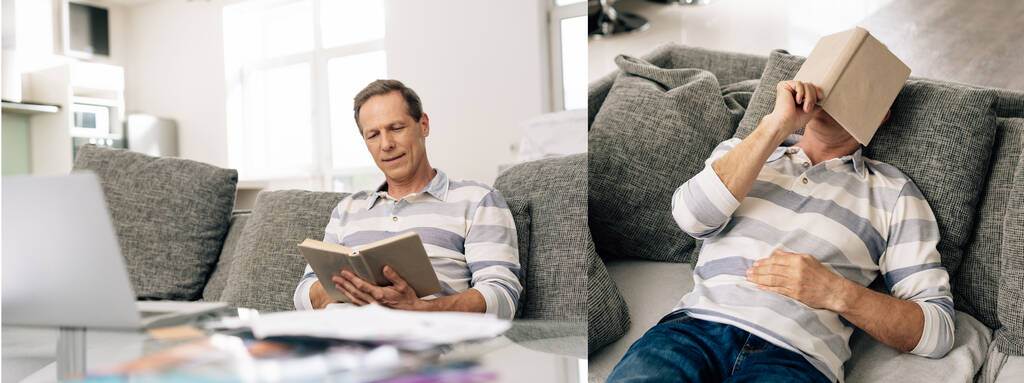 collage del hombre guapo sonriendo, leyendo libro y descansando en la sala de estar
  - Foto, imagen
