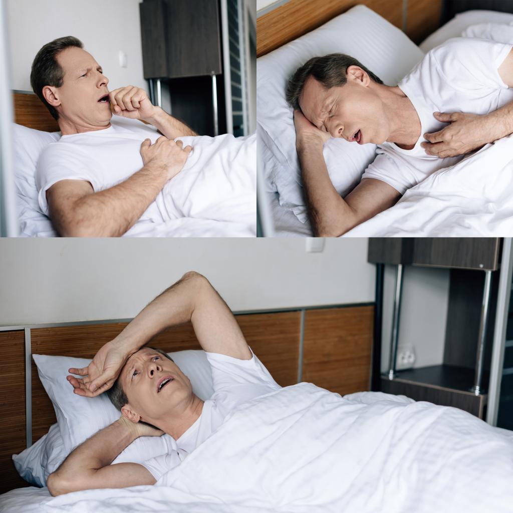 kollázs beteg férfi köhögés és megható homlok a hálószobában  - Fotó, kép