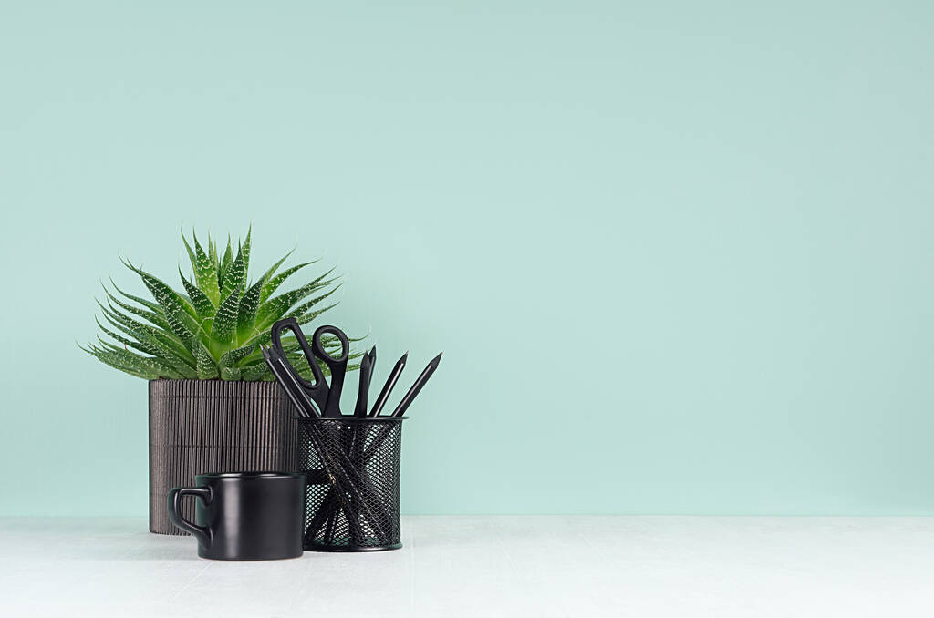 Fris interieur - werkplek voor onderwijs en werk met zwarte briefpapier, koffiebeker, aloë plant in elegante groene munt menthe kleur muur op witte houten tafel, kopieerruimte. - Foto, afbeelding