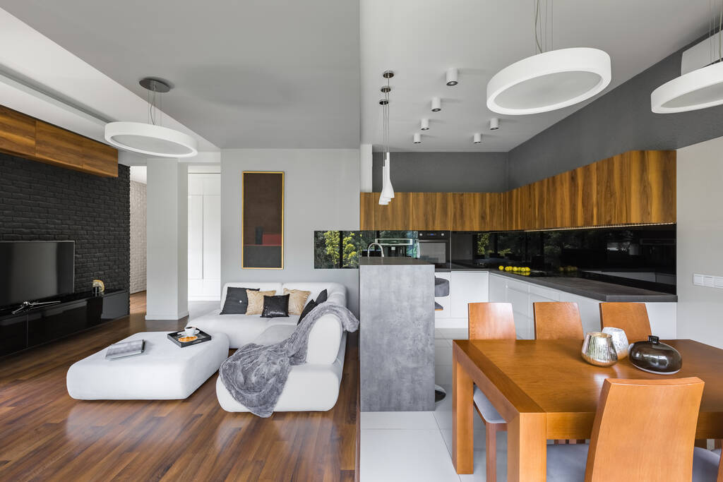 Elegantní interiér obývacího pokoje s kuchyní a jídelním koutem - Fotografie, Obrázek