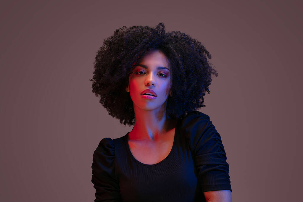 Retrato de bela mulher afro-americana com penteado afro posando em estúdio
. - Foto, Imagem