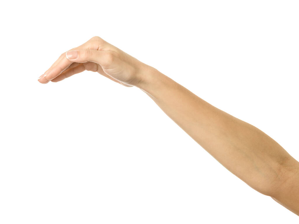 Pokrytí a ochrana. Žena ruka s francouzskou manikúrou gestikulující izolovaně na bílém pozadí. Část série - Fotografie, Obrázek