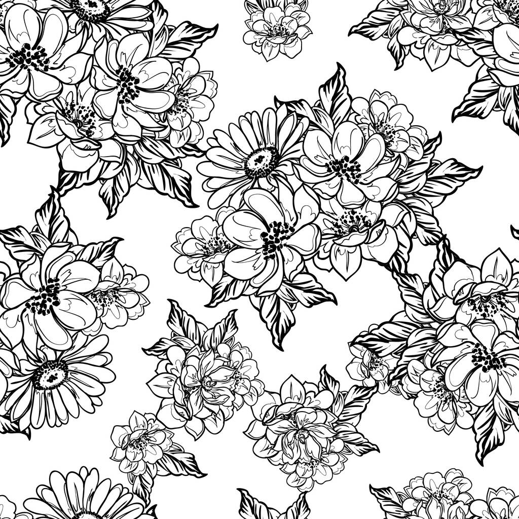 Inconsútil patrón de flores de estilo vintage monocromo - Vector, imagen