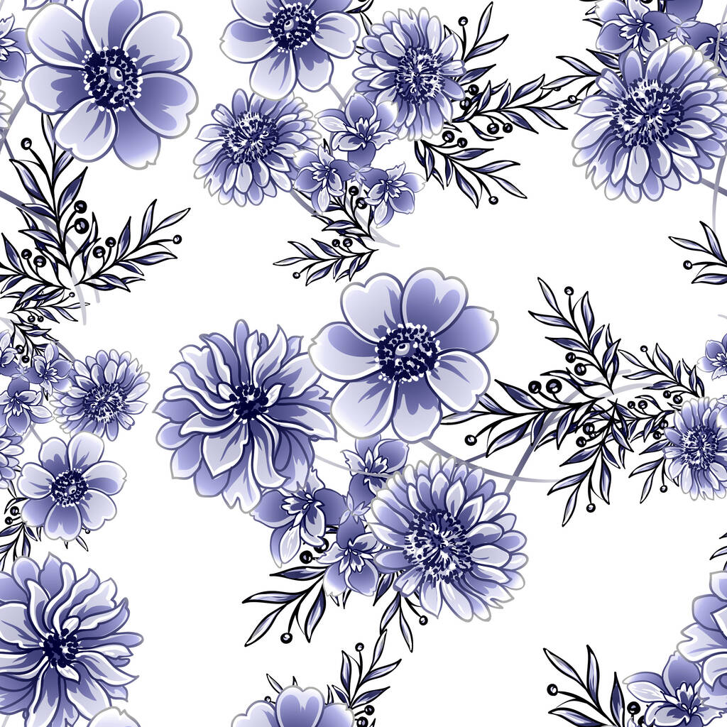 Naadloze blauwe monochrome vintage stijl bloemen patroon - Vector, afbeelding