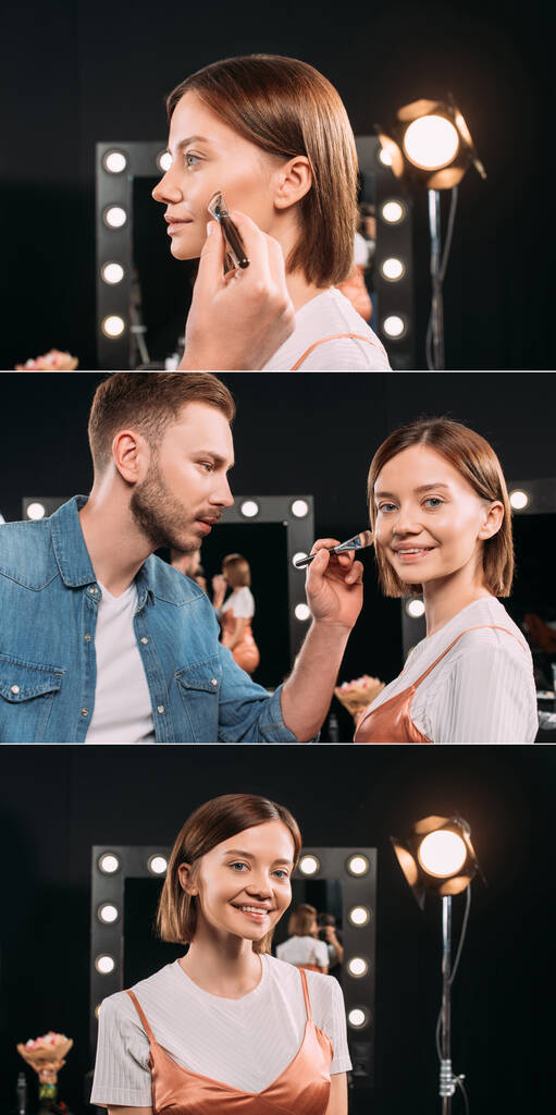 Collage de maquillador sosteniendo cepillo cosmético cerca de la cara de modelo atractivo
  - Foto, Imagen