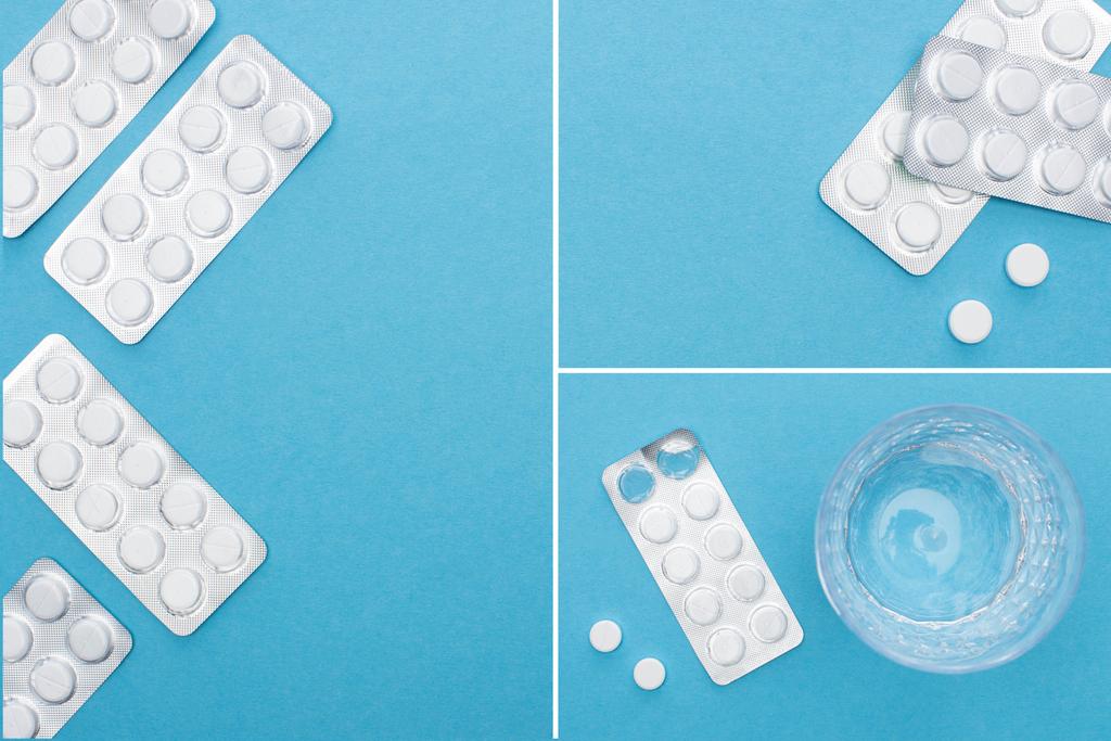 collage of pills in blister packs and glass of water on blue background - Photo, Image
