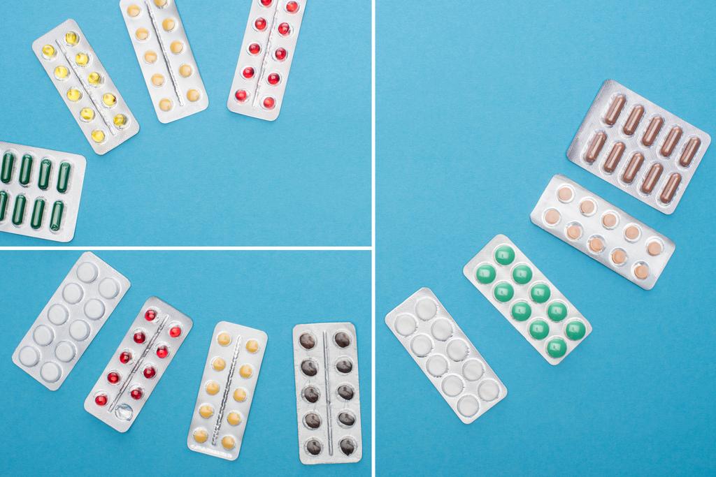 collage of colorful pills in blister packs on blue background - Photo, Image