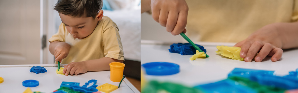 colagem de criança bonito cortando plasticina colorida com espátula, imagem horizontal
 - Foto, Imagem