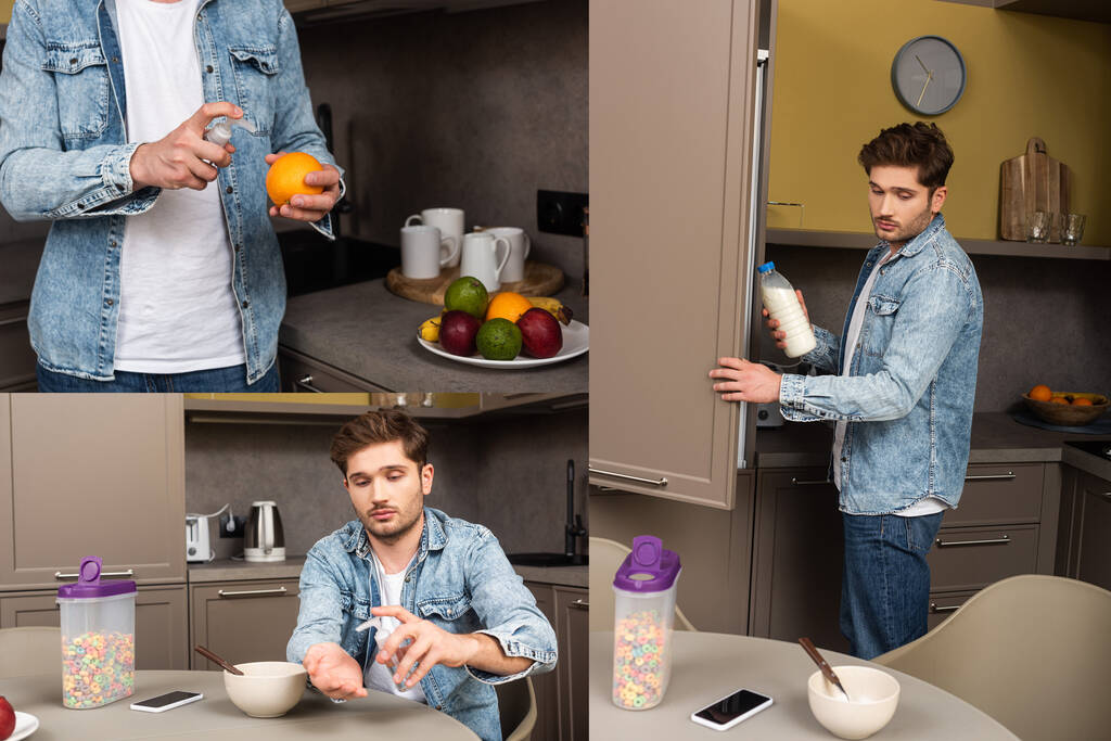 Collage eines Mannes mit Händedesinfektionsmittel in der Nähe von Getreide und Obst in der Küche  - Foto, Bild